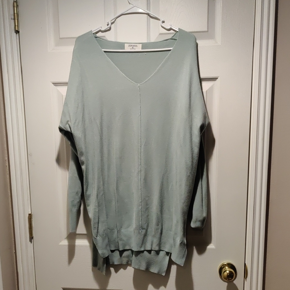 Zenana Women's Light Green V Neck Sweater With Side Slits